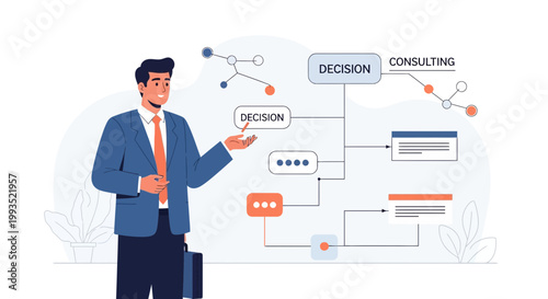 Businessman presenting decision making process and consulting strategy with flowchart
