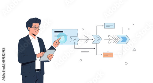 Businessman presenting business process flowchart on digital tablet and screen