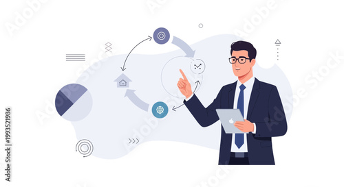 Businessman presenting business strategy with flowchart and analytics