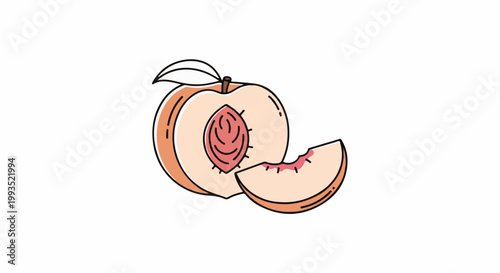 Flat illustration of a sliced peach with a leaf and a segment
