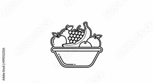 Line drawing of a bowl overflowing with assorted fruits like apples, bananas, and grapes