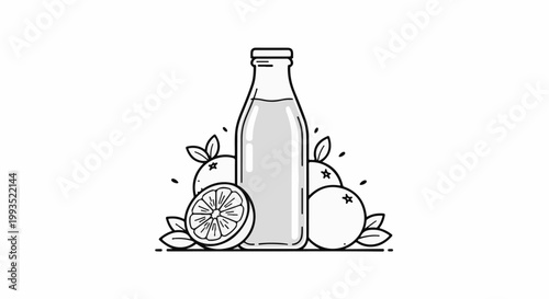 Minimalist line art bottle with citrus fruits and leaves