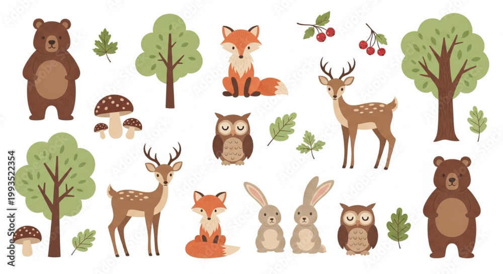 Fototapeta premium Forest Wildlife Vector Set with Bears, Foxes and Deer in Soft Nature Pastel Illustration Sticker Bundle