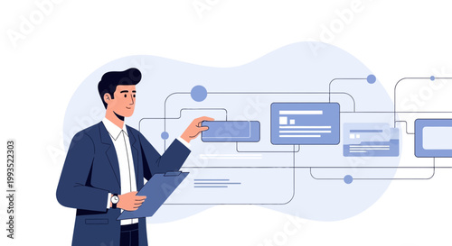 Businessman planning workflow, flowchart, strategy, business process, project management