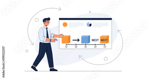Businessman planning project steps, workflow, strategy, business concept illustration