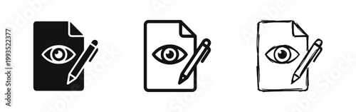 Document Proofreading Eye and Pen Icon Set in Solid Outline and Hand Drawn Styles