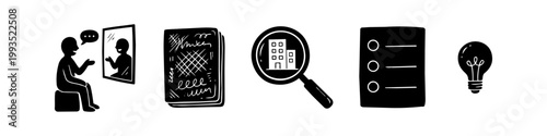 Set of hand-drawn business and career development icons featuring self-reflection, research, company search, a checklist, and an idea lightbulb. Ideal for professional growth and planning concepts.