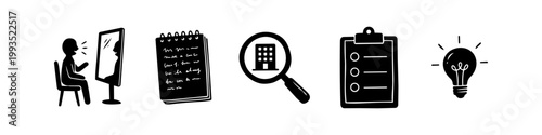 Hand-drawn business icon set featuring a person reflecting, a notepad, company research, a checklist, and a light bulb idea. Minimalist black ink sketch style on a white background.