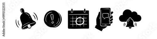 Set of hand-drawn notification and organization icons featuring a bell, alert symbol, calendar, mobile message, and cloud alert. Minimalist black doodle style for web and mobile UI design.