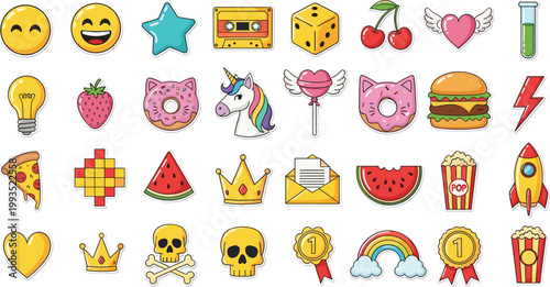 Trendy Cute Sticker Pack Vector Illustration Set with Funny Emoji Unicorn Food Gaming and Pop Art Doodle Icons Collection