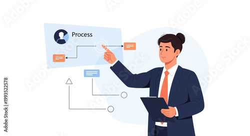 Businessman Interacting with Digital Process Flowchart on Futuristic Screen