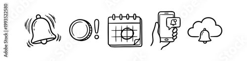 Hand-drawn doodle icon set featuring notification bell, alert, calendar deadline, mobile phone message, and cloud storage notification. Minimalist black and white sketch for business and tech.
