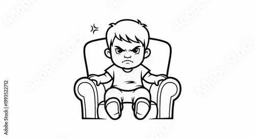 Cartoon child with an angry expression sits in a chair