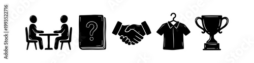 A set of five black vector icons depicting a professional career path: job interview, FAQ manual, handshake agreement, company uniform shirt, and a trophy for success and achievement.