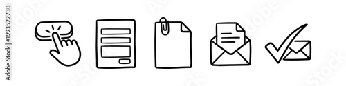 Hand-drawn doodle icon set showing steps for online registration or contact process, including clicking a button, filling a form, attaching documents, sending email, and confirmation.