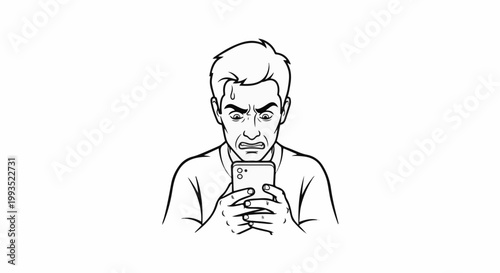 Man looking at phone with worried, stressed, angry expression