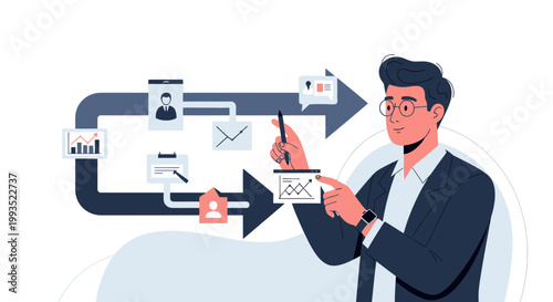 Businessman analyzing workflow diagram with charts and icons, business process illustration