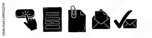 Hand-drawn black icons representing a workflow process: clicking a button, filling out a form, attaching documents, opening email, and a success checkmark. Ideal for business and web design.