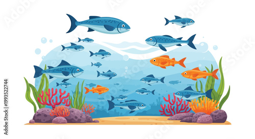 An underwater scene depicts various fish swimming amidst coral and plants creating a vibrant aquatic silhouette high quality professional detailed modern