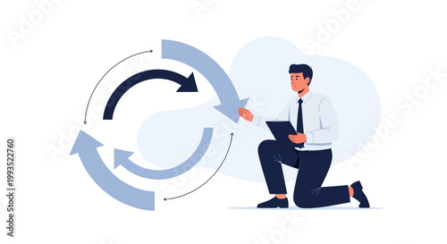 Businessman analyzing workflow cycle with arrows, business process concept