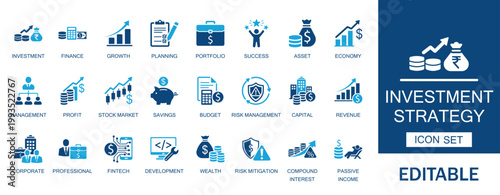 Investment Strategy and Wealth Management solid icon set. Featuring property, portfolio, banking, banker, business, strategy. Perfect for finance and banking projects.