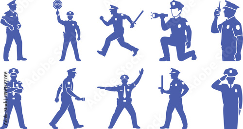 A collection of blue police officer silhouettes in various professional poses and actions. Vector, illustration