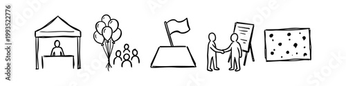 Hand-drawn business and event doodle icons featuring a market stall, celebratory balloons, a milestone flag, a handshake agreement, and a bulletin board.