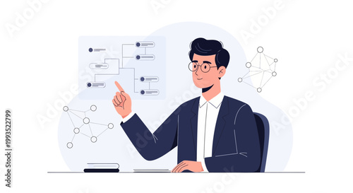 Businessman analyzing flowchart on screen, modern office, strategy planning, data visualization