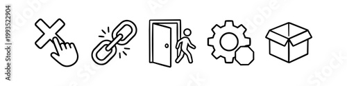 Set of black and white line icons representing various actions: cancel click, broken link, exit door, stop maintenance gear, and an open cardboard box for shipping or delivery.