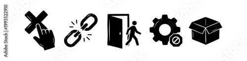 A minimalist set of black icons for web and software interfaces, including exit sign, broken link, close button, error setting, and open box symbols isolated on white background.