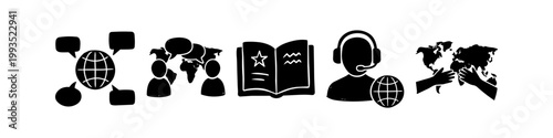 Hand-drawn set of black icons for global communication, translation, customer support, and international relations featuring world maps, globes, headsets, and speech bubbles.