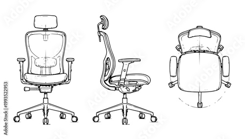 Ergonomic Office Chair Technical Drawing Showing Front Side and Back View Angles in Doodle Line Art