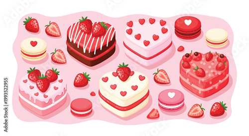 A colorful assortment of strawberry shortcakes macarons and other sweet treats displayed on a pink background silhouette high quality professional detailed