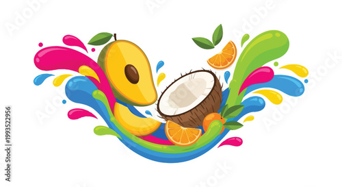 A vibrant splash of tropical fruits including mango orange and coconut presented in a colorful design silhouette high quality professional detailed