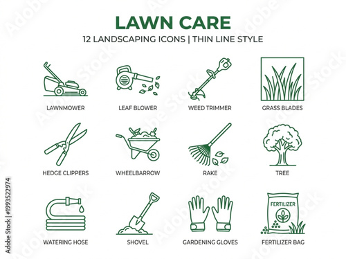 Professional lawn care and landscaping line icon set featuring essential gardening tools, maintenance equipment, and backyard horticulture supplies