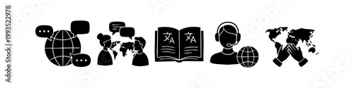 Set of black and white icons representing language translation, global communication, customer support, and international cooperation on a white background.