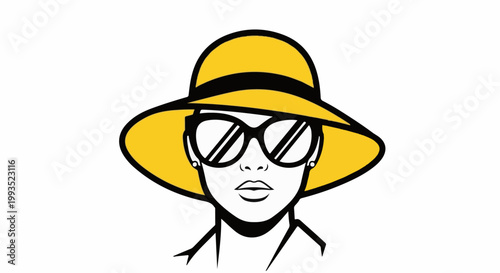 Minimalist yellow hat and sunglasses on a woman's face