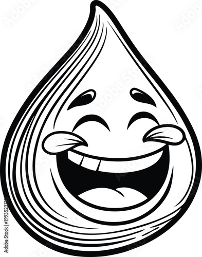 Happy cartoon water drop character laughing with joy and playful excitement on a white background