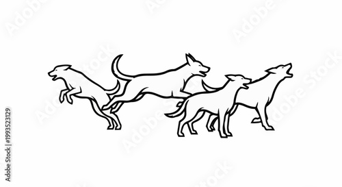 Four dogs, one leaping, two running, one howling