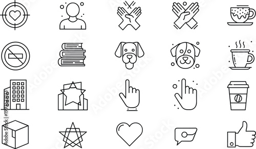 Mixed everyday lifestyle icon set featuring objects pets gestures symbols and daily items in outline vector illustration collection