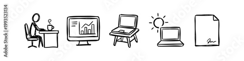Set of hand-drawn office and remote work icons featuring a person at a desk, data charts, laptops, and a signed document. Simple black ink doodles perfect for business concepts.