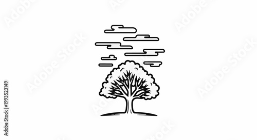 Minimalist line art of a solitary tree with stylized clouds above