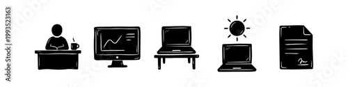 Set of hand-drawn office and business icons including a person at a desk, computer monitor with a graph, laptop, and a signed contract. Minimalist black doodle illustrations on white background.