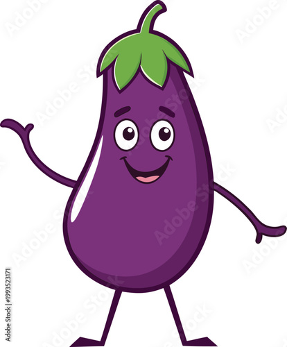 Happy Eggplant Garden Vegetable Mascot Character Smiling and Waving a Friendly Hand Gesture