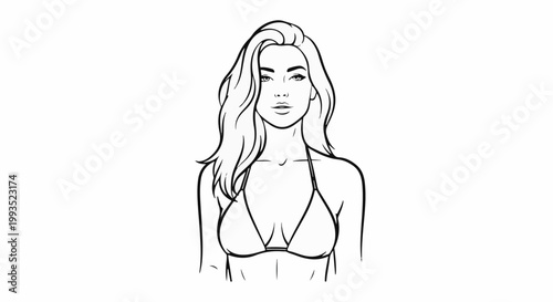 Line art sketch of a woman in a bikini with flowing hair, head and shoulders