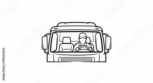 Driver wearing a cap behind the steering wheel of a truck