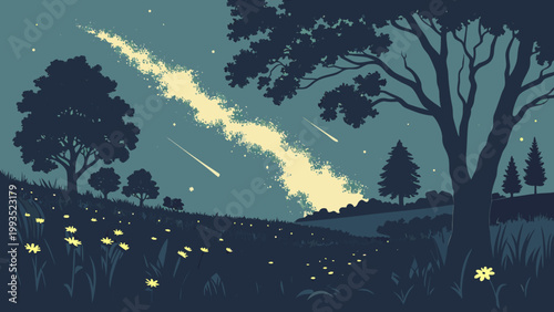 Summer Night Sky Milky Way with Fireflies and Meadow Vector