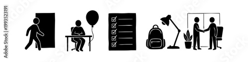 Black and white hand-drawn icons illustrating professional career stages, from entering a new job and completing tasks to business partnerships and office routine in a minimalist doodle style.