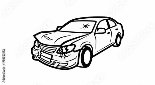 Damaged car with cracked windshield and dented front