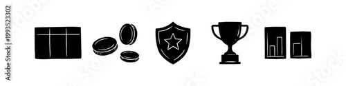 A set of black hand-drawn business and finance icons on a white background, featuring a table, coins, a shield with a star, a trophy cup, and bar charts.